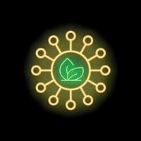 Neon green leaves inside network sharing circle glowing on black background vector