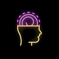 Neon sign representing human head with glowing spiral inside symbolizing thinking process vector