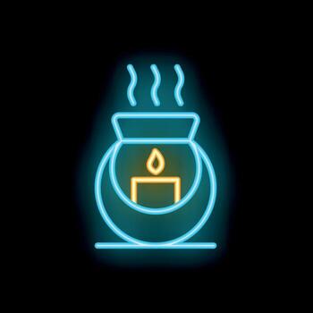 Neon sign representing an aroma lamp diffusing essential oils with a candle burning vector