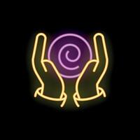 Two hands holding glowing neon swirl on black background vector