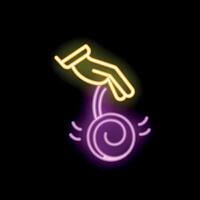 Hand launching a spinning ball neon sign vibe design element vector