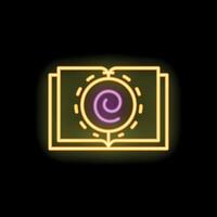 Neon open book with copyright symbol on black background vector