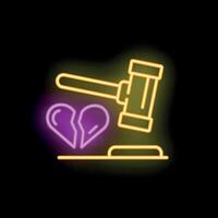 Neon icon of judge gavel smashing broken heart for divorce concept vector