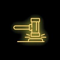 Neon gavel striking sound block icon depicting law and justice vector