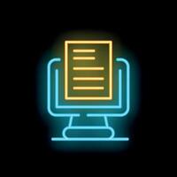 Neon icon of computer displaying document for online reading or editing vector