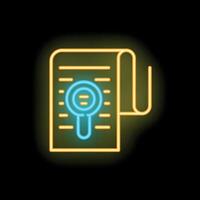 Neon icon of magnifying glass analyzing document for information retrieval vector