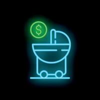 Neon icon of baby stroller and dollar sign representing the cost of raising a child vector