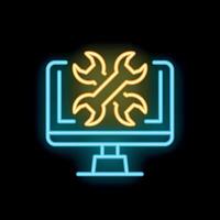 Neon icon of computer screen showing crossed wrenches for online technical support vector