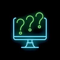 Neon computer monitor displaying three question marks on black background vector