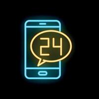 Neon smartphone showing 24 hours availability support icon vector
