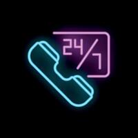 Neon 24 7 hotline support icon with phone receiver glowing vector