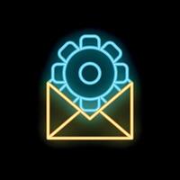 Neon icon of gear emerging from open envelope on black background vector