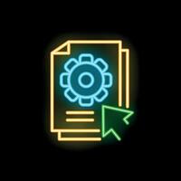 Neon icon of documents for software development showing a gear and a mouse cursor vector