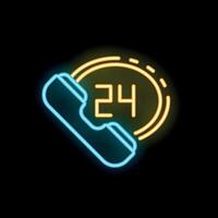 Neon sign showing 24 hours availability on black background vector