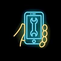Hand holding smartphone with wrench icon on screen in neon light style vector