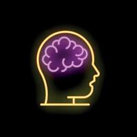 Neon sign representing a human head profile with the brain highlighted in purple vector