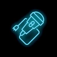 Neon icon of wired microphone with power plug on black background vector