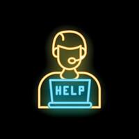 Neon icon of customer service representative holding laptop showing help message vector