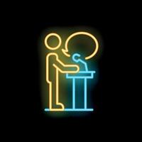 Neon style icon of public speaking with speech bubble for business presentation vector