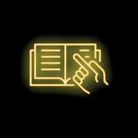 Neon icon of hand pointing at open book vector