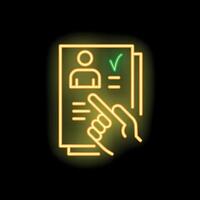 Hand choosing resume from stack with neon light effect vector
