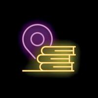 Neon sign representing online library with location pin and books vector
