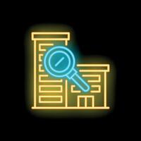 Neon icon of magnifying glass examining apartment building vector