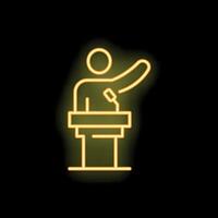 Neon style icon of a speaker giving a speech on stage vector