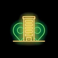 Neon icon of apartment building between two location pin symbols vector