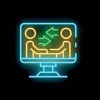 Neon icon of two business people shaking hands through a conference on a desktop computer vector