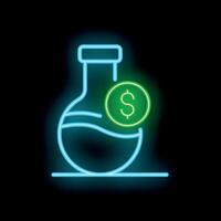 Neon icon of laboratory flask containing dollar coin representing investment in science vector