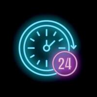 Neon clock showing twenty four hours open sign on black background vector