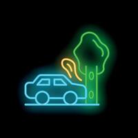 Neon style icon of car crashing into a tree on the roadside vector