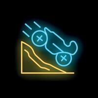 Neon sign of a blue vehicle rolling down a yellow slope, symbolizing a car crash and danger vector
