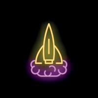 Neon sign of rocket launching from clouds on black background vector
