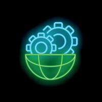 Neon icon of gears rotating over planet earth representing global industry vector
