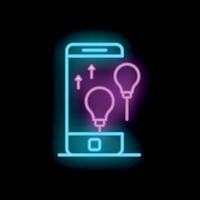 Neon mobile phone displaying growing ideas light bulbs and up arrows vector