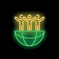 Neon icon of three people standing on top of planet earth holding hands vector