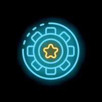 Neon icon of a cogwheel with a star is glowing on a black background vector