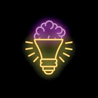 Neon lightbulb with brain replacing glass bulb shining brightly vector