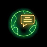 Neon icon of speech bubble appearing over world map vector