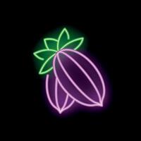 Neon sign representing two cocoa beans with leaves on black background vector
