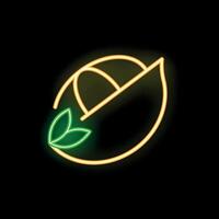 Neon sign showing half lemon with leaves on black background vector