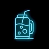 Blue neon sign depicting a soda in a glass with a straw and bubbles on a black background vector