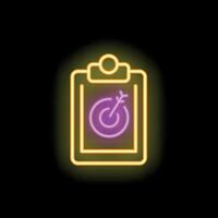 Neon icon of clipboard showing target with arrow hitting bullseye vector