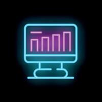 Neon style icon of computer screen showing growing bar chart on black background vector