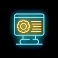 Neon icon of computer displaying settings configuration gear wheel vector