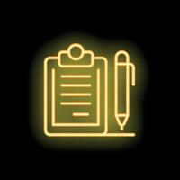 Neon clipboard and pen representing taking notes and writing vector