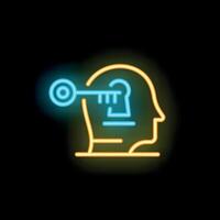 Neon key unlocking human mind potential on black background vector