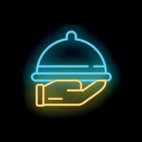Neon light icon of a hand holding a covered tray vector